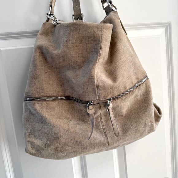 Donald Pliner tan silver hobo bag tote purse suede - Picture 3 of 15